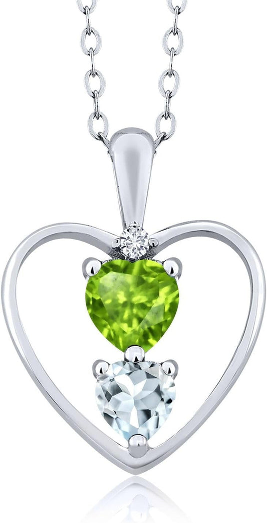 925 Sterling Silver Green Peridot Sky Blue Aquamarine and White Diamond Pendant Necklace for Women (0.67 Cttw, Heart 5MM and 4MM, with 18 Inch Silver Chain) - WORLD TIME VISITS