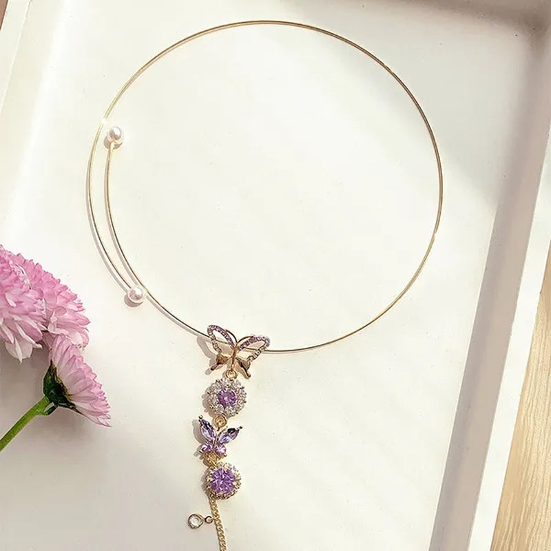 Elegant Metal Round Chain Choker Jewelry for Women Girls Fashion Purple Crystal Butterfly Necklace