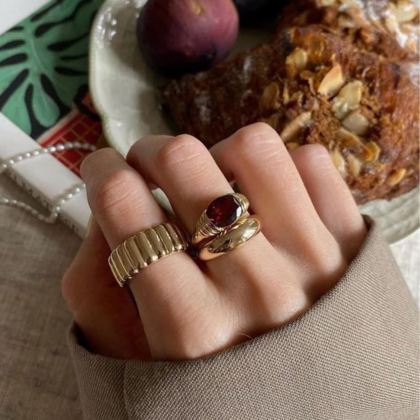 Gold Ring for Women Trendy Gemstone Chunky Ring 18K Gold Plated Band Ring Signet Statement Ring
