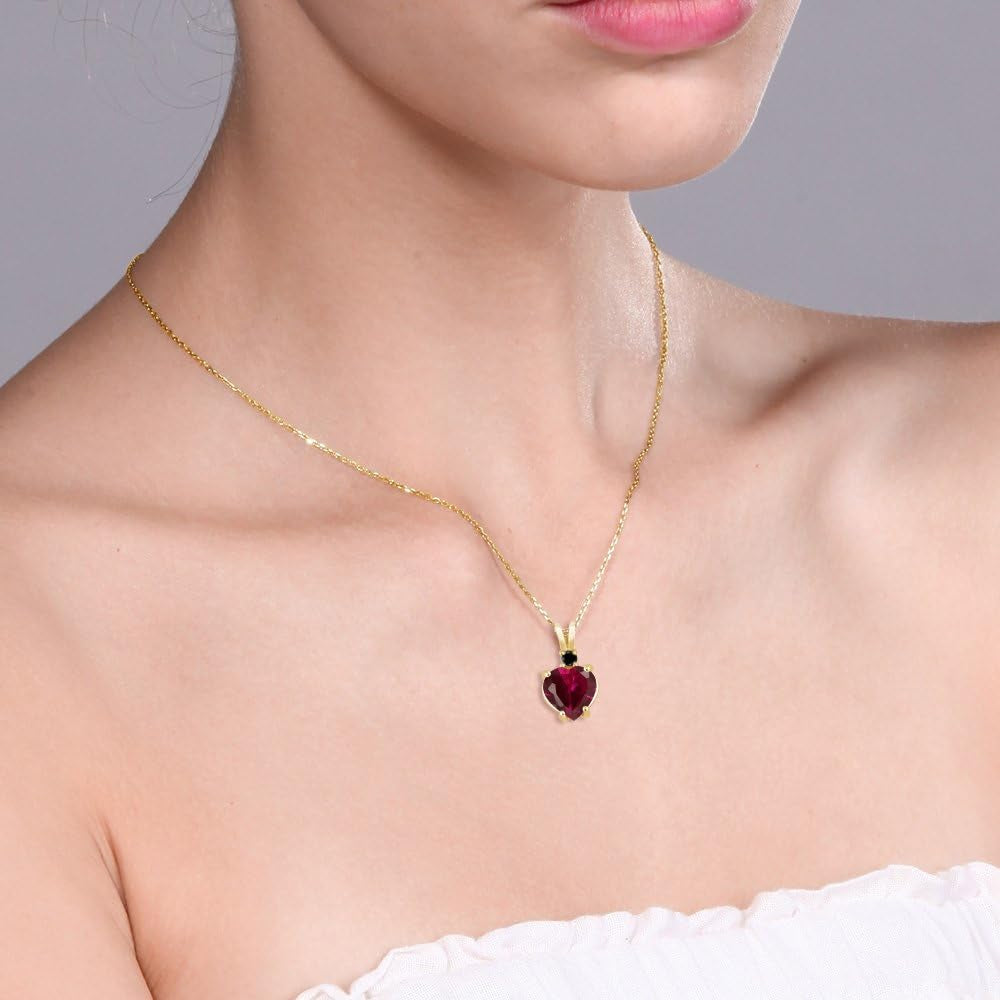 14K Yellow Gold Red Created Ruby and Black Diamond Pendant Necklace for Women (2.25 Cttw, Heart Shape 8MM, with 18 Inch Chain)