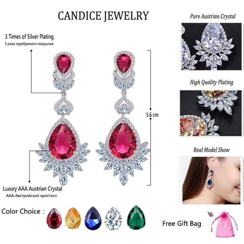 CANDICE Gorgeous Natural Red Green Zirconia Setting Silver Plated Big Teardrop Dangle Earrings for Women Party Dress Accessories - WORLD TIME VISITS