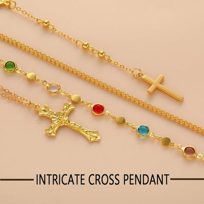 4PCS Layered Gold Cross Necklaces for Women Trendy, Bohemian Bead Pearl Y Long Pendant Necklace Set, Vintage Rosary Necklace Stack Adjustable Length