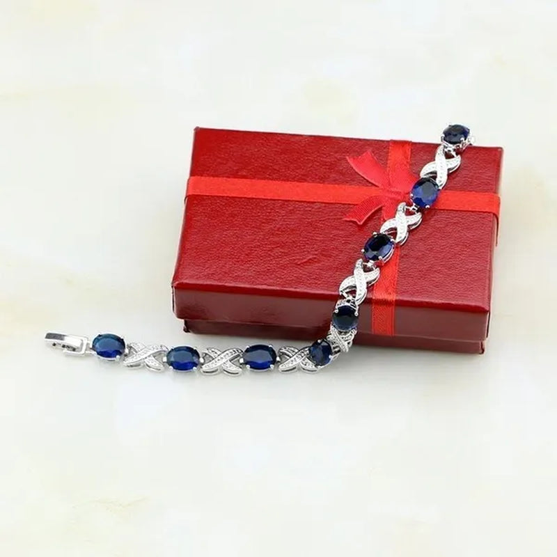 925 Sterling Silver Jewelry Blue Sapphire White Topaz Chain&Link Charm Bracelets For Women