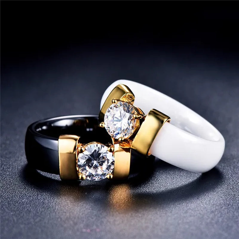 Fashion Male And Female Anti Allergy Black White Ceramic Ring Silver Gold Color  Diamond Solitare Ring Wedding Rings For Couple