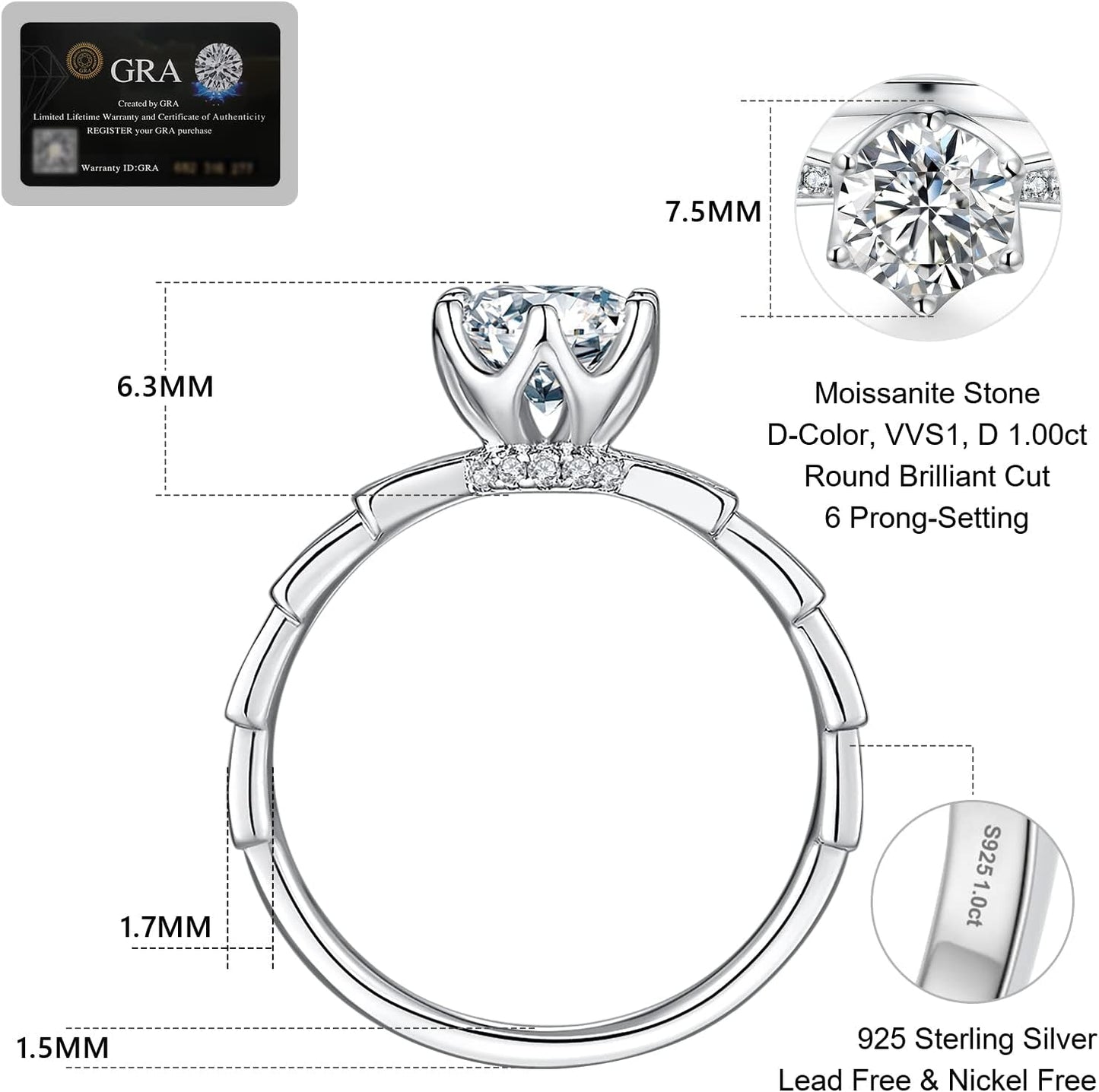 KRKC&CO Engagement Rings, Wedding Band with Moissanite Diamond, 1 Carat VVS1 Solitaire Clarity Stone, 925 Sterling Silver, Ideal for Women for Wedding, Anniversary and Proposal