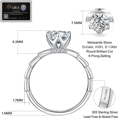 KRKC&CO Engagement Rings, Wedding Band with Moissanite Diamond, 1 Carat VVS1 Solitaire Clarity Stone, 925 Sterling Silver, Ideal for Women for Wedding, Anniversary and Proposal