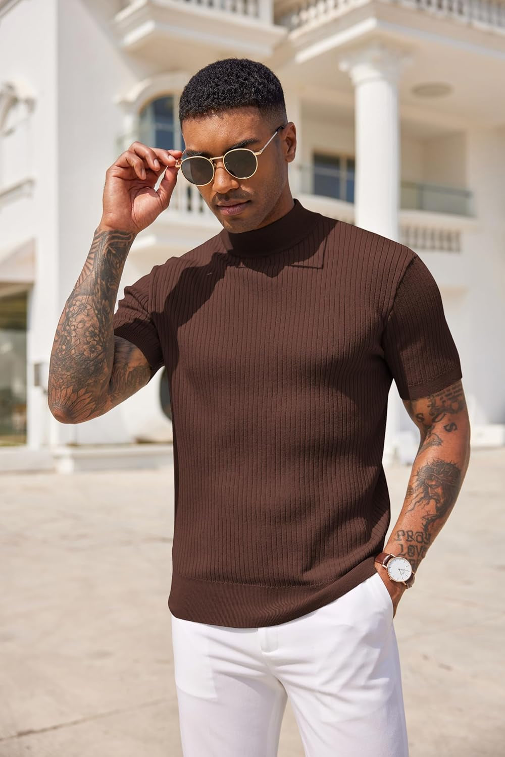 Men'S Mock Turtleneck Sweater Short Sleeve Casual Basic Tops Ribbed Knit Pullover Solid Tee - WORLD TIME VISITS