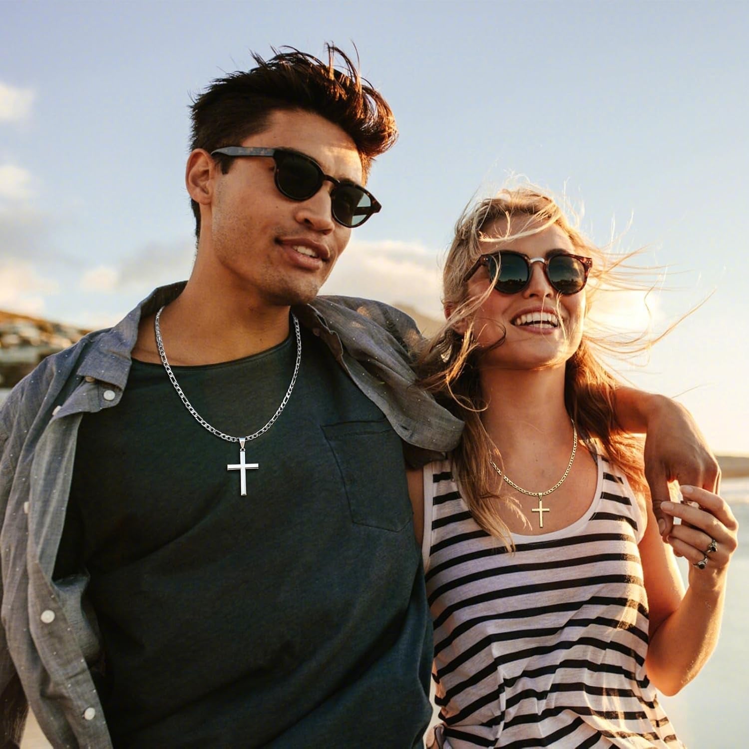 S925 Sterling Silver Beveled Edge Cross Necklace for Men Women with 5Mm Figaro Link Chain, Gold Plated/Sterling Silver Fashionable Men'S Crucifix Pendant Chain Necklaces 16-30 Inches - WORLD TIME VISITS