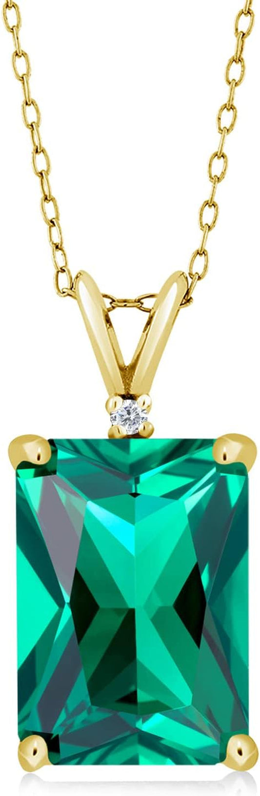 18K Yellow Gold Plated Silver Green Nano Emerald and White Diamond Pendant Necklace for Women (6.52 Cttw, Gemstone May Birthstone, Emerald Cut 14X10MM, with 18 Inch Silver Chain)