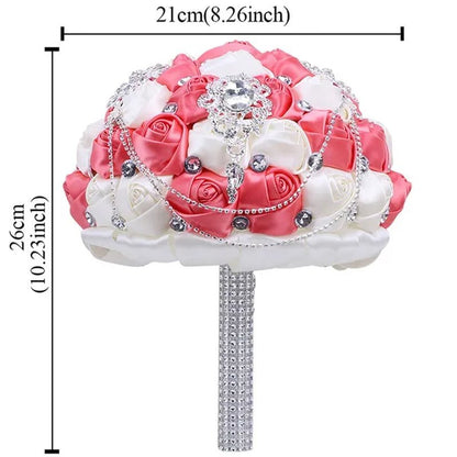 21CM Beautiful Rhinestone Tassel Wedding Bouquet Diamond Brooch Bouquet Satin Rose Bridal Holding Flower DIY Wedding Supplies