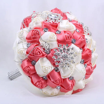 21CM Beautiful Rhinestone Tassel Wedding Bouquet Diamond Brooch Bouquet Satin Rose Bridal Holding Flower DIY Wedding Supplies