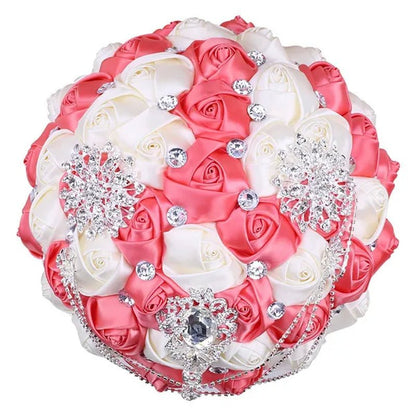 21CM Beautiful Rhinestone Tassel Wedding Bouquet Diamond Brooch Bouquet Satin Rose Bridal Holding Flower DIY Wedding Supplies - WORLD TIME VISITS