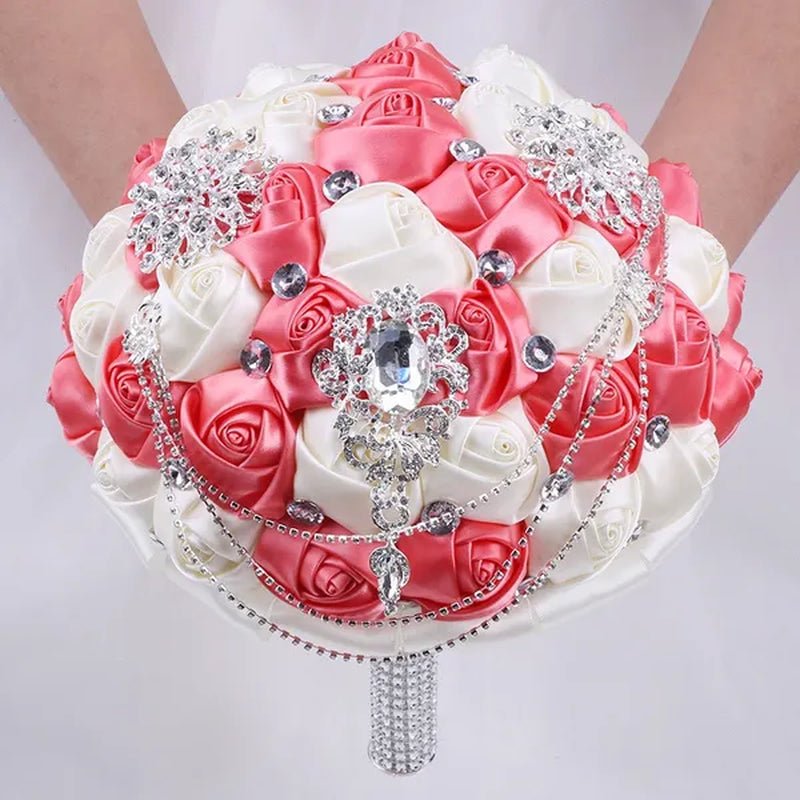 21CM Beautiful Rhinestone Tassel Wedding Bouquet Diamond Brooch Bouquet Satin Rose Bridal Holding Flower DIY Wedding Supplies - WORLD TIME VISITS