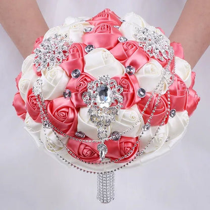21CM Beautiful Rhinestone Tassel Wedding Bouquet Diamond Brooch Bouquet Satin Rose Bridal Holding Flower DIY Wedding Supplies - WORLD TIME VISITS
