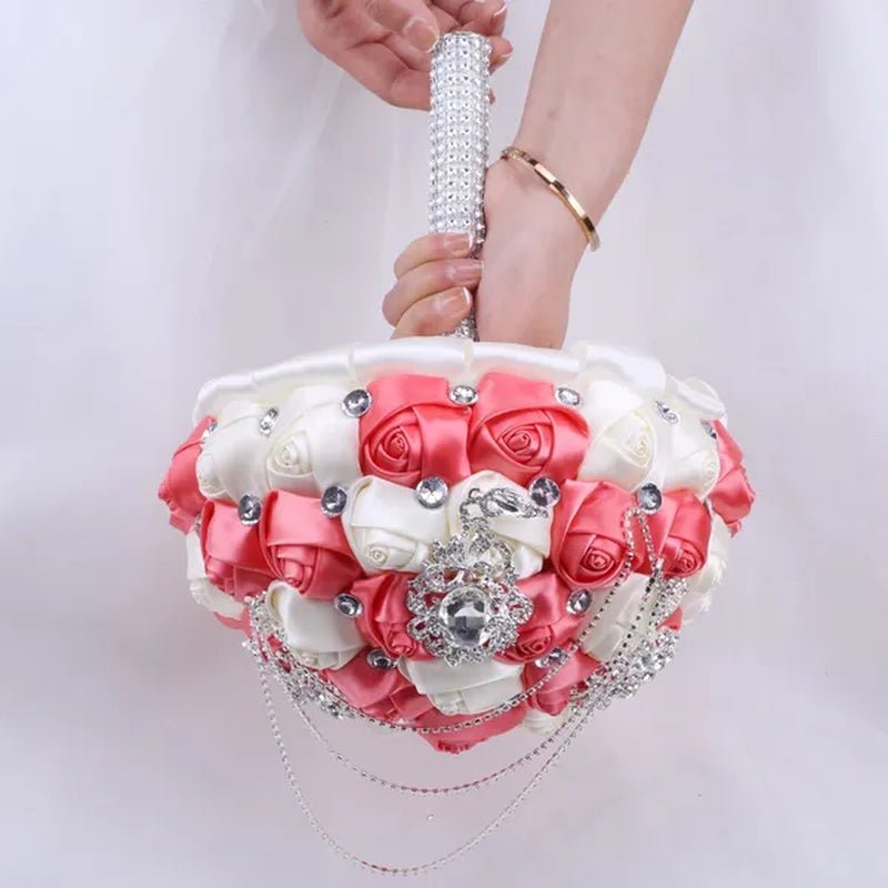 21CM Beautiful Rhinestone Tassel Wedding Bouquet Diamond Brooch Bouquet Satin Rose Bridal Holding Flower DIY Wedding Supplies