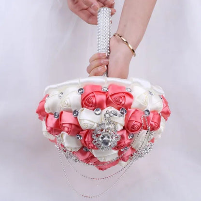 21CM Beautiful Rhinestone Tassel Wedding Bouquet Diamond Brooch Bouquet Satin Rose Bridal Holding Flower DIY Wedding Supplies