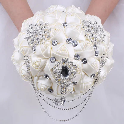 21CM Beautiful Rhinestone Tassel Wedding Bouquet Diamond Brooch Bouquet Satin Rose Bridal Holding Flower DIY Wedding Supplies