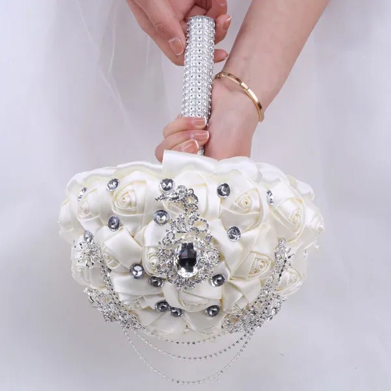 21CM Beautiful Rhinestone Tassel Wedding Bouquet Diamond Brooch Bouquet Satin Rose Bridal Holding Flower DIY Wedding Supplies