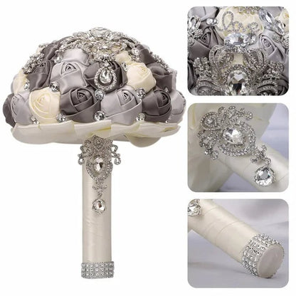 21CM Shiny Silver Rhinestone Brooch Bridal Bouquet Handmade Silk Rose Ribbon Diamond Wedding Flower Bouquet Bridesmaid Holding Flowers