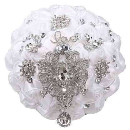 21CM Shiny Silver Rhinestone Brooch Bridal Bouquet Handmade Silk Rose Ribbon Diamond Wedding Flower Bouquet Bridesmaid Holding Flowers