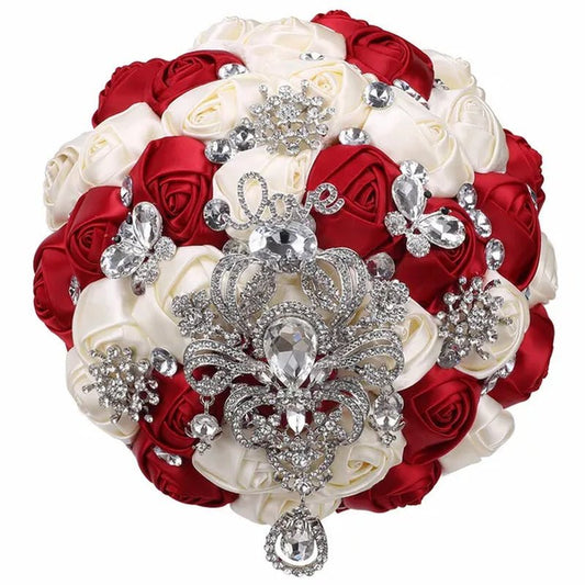 21CM Shiny Silver Rhinestone Brooch Bridal Bouquet Handmade Silk Rose Ribbon Diamond Wedding Flower Bouquet Bridesmaid Holding Flowers - WORLD TIME VISITS