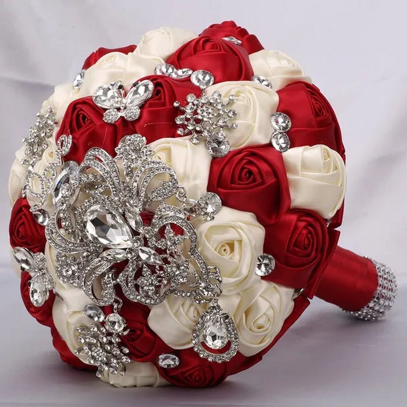 21CM Shiny Silver Rhinestone Brooch Bridal Bouquet Handmade Silk Rose Ribbon Diamond Wedding Flower Bouquet Bridesmaid Holding Flowers - WORLD TIME VISITS