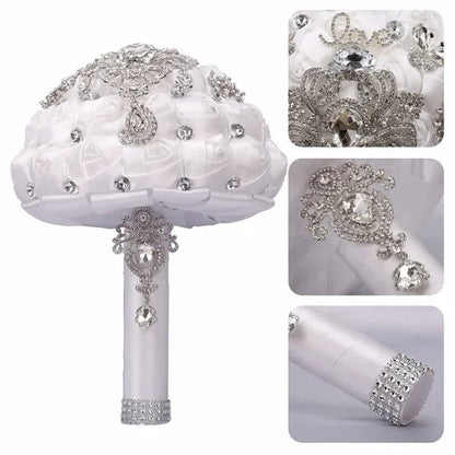 21CM Shiny Silver Rhinestone Brooch Bridal Bouquet Handmade Silk Rose Ribbon Diamond Wedding Flower Bouquet Bridesmaid Holding Flowers