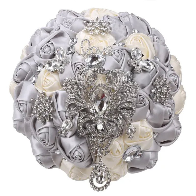 21CM Shiny Silver Rhinestone Brooch Bridal Bouquet Handmade Silk Rose Ribbon Diamond Wedding Flower Bouquet Bridesmaid Holding Flowers - WORLD TIME VISITS
