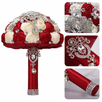 21CM Shiny Silver Rhinestone Brooch Bridal Bouquet Handmade Silk Rose Ribbon Diamond Wedding Flower Bouquet Bridesmaid Holding Flowers - WORLD TIME VISITS