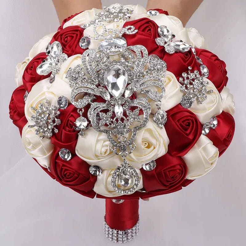 21CM Shiny Silver Rhinestone Brooch Bridal Bouquet Handmade Silk Rose Ribbon Diamond Wedding Flower Bouquet Bridesmaid Holding Flowers - WORLD TIME VISITS