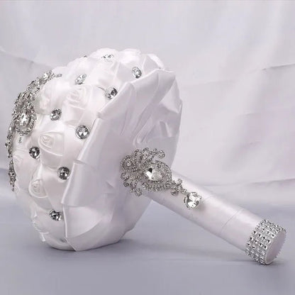 21CM Shiny Silver Rhinestone Brooch Bridal Bouquet Handmade Silk Rose Ribbon Diamond Wedding Flower Bouquet Bridesmaid Holding Flowers