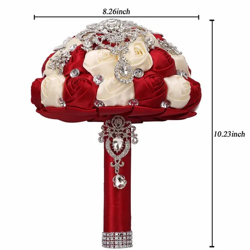 21CM Shiny Silver Rhinestone Brooch Bridal Bouquet Handmade Silk Rose Ribbon Diamond Wedding Flower Bouquet Bridesmaid Holding Flowers - WORLD TIME VISITS