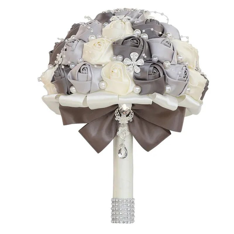 21CM Silk Rose Pearl Rhinestone New Style Bridal Bouquet Wedding Supplies Diamond Brooch Bouquet Bridesmaid Holding Flowers