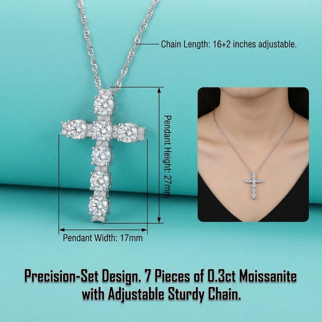 2.1Ct Women'S Moissanite Cross Necklace - S925 Sterling Silver White Pendant, D Color VVS1 Clarity Moissanite with GRA Certificate, Anniversary Birthday Mother'S Valentine'S Day Gift