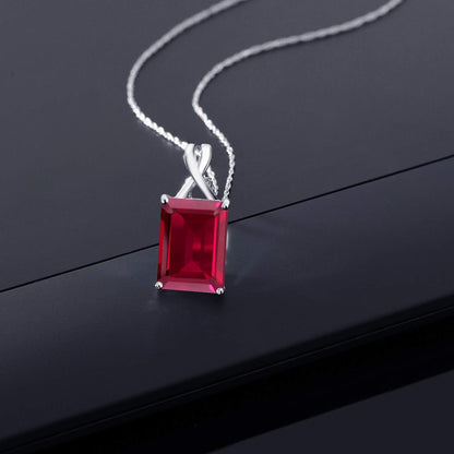 10K White Gold Emerald Cut 14X10MM Gemstone Birthstone Pendant Necklace for Women with 18 Inch 10K White Gold Chain