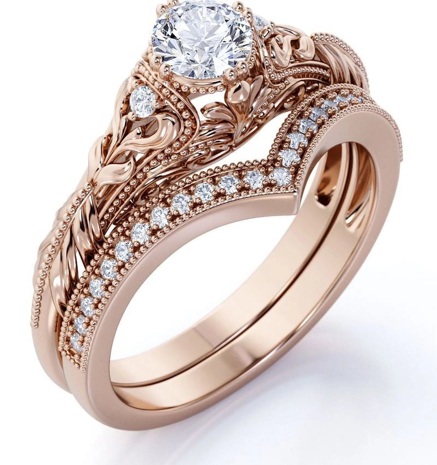 Engraved .68 Carat round Cut Real Diamond Victorian-Inspired Wedding Ring Set with Chevron Wedding Band in 10K Rose Gold