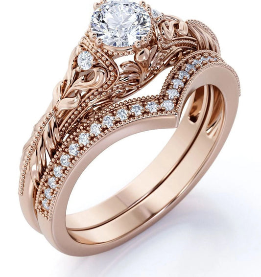 Engraved .68 Carat round Cut Real Diamond Victorian-Inspired Wedding Ring Set with Chevron Wedding Band in 10K Rose Gold