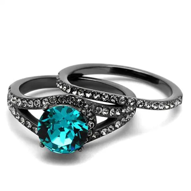 2.39 Ct Blue Zircon Crystal Gray Stainless Steel Wedding Ring Set Women's Size 5-10