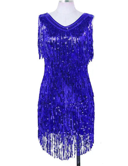 Women's Gowns V Neck Sparkling Sequin Tassels Rhythm Ballroom Salsa Samba Rumba Tango Latin Dance Dress