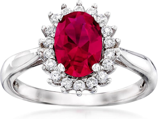 2.20 Carat Simulated Ruby and .20 Ct. T.W. CZ Halo Ring in Sterling Silver - WORLD TIME VISITS