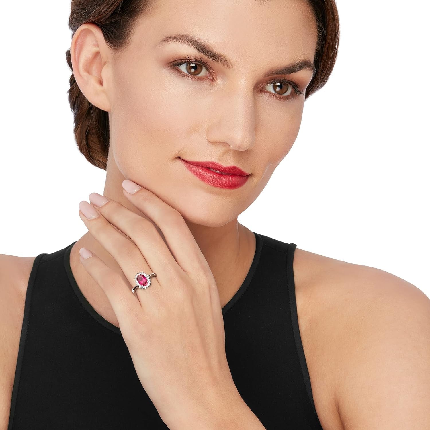 2.20 Carat Simulated Ruby and .20 Ct. T.W. CZ Halo Ring in Sterling Silver - WORLD TIME VISITS