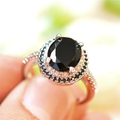 Luxury Oval Cut Black Sapphire White Diamond CZ Ring 925 Silver Solitaire Ring Engagement Wedding Gift for Women