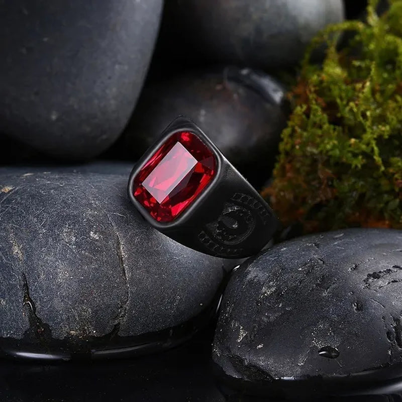 Cool Men Punk Ruby Rings Oval Red Crystal Ring Garnet Black Metal Stainless Steel Ring Fashion Jewelry