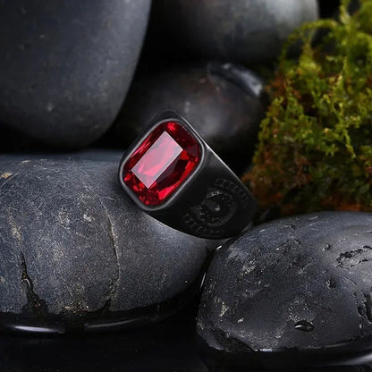 Cool Men Punk Ruby Rings Oval Red Crystal Ring Garnet Black Metal Stainless Steel Ring Fashion Jewelry