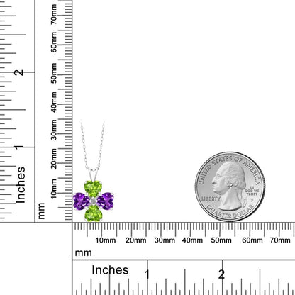 925 Sterling Silver Green Peridot and Purple Amethyst 4 Heart Shape Gemstone August Birthstone Pendant Necklace for Women (2.96 Cttw, 6MM Heart, with 18 Inch Silver Chain)