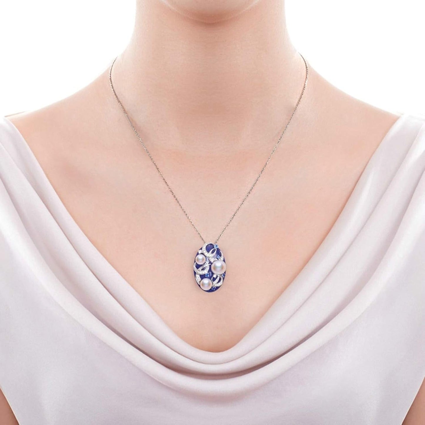 18K Gold Necklaces for Women Womens Necklaces Diamond 0.7Ct Moon Lapis Lazuli round Pearl Pendant Necklaces Silver