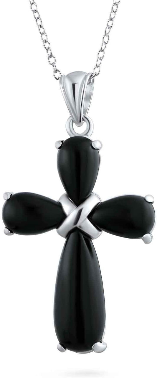 Timeless Fashion Cabochon Genuine Gemstones Black Onyx Multi Color Green Jade Cross Pendant Necklace for Women Teen .925 Sterling Silver with Chain - WORLD TIME VISITS