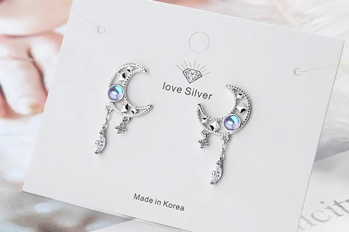 925 Sterling Silver Hollow Moon Zircon Tassel Dangle Earring Elegant Colorful Moonstone Earring for Women Jewelry