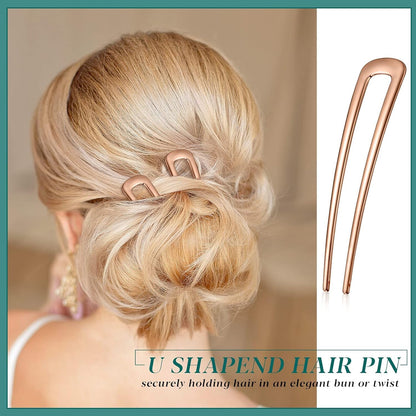 6 Pieces Hair Pins Simple Metal U Shaped French Gold Hair Fork Sticks 2 Prong Updo Chignon Pins for Women Lady Buns Accessories(Rose Gold)