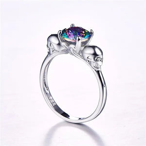 Women Men Rainbow Topaz & Black Spinel Gemstone 925 Sterling Silver Wedding Engagement Band Cocktail Skull Ring Size 6 7 8 9